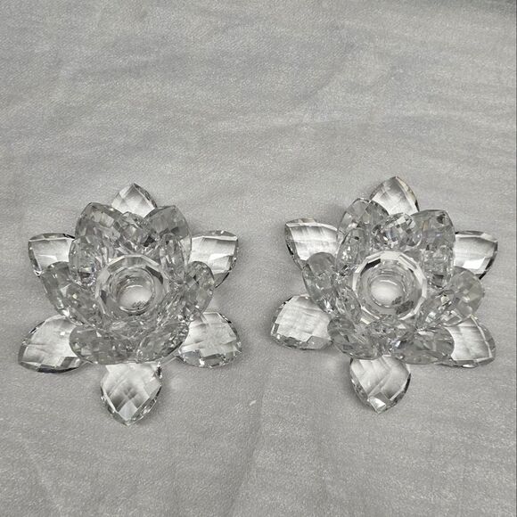 Shannon Crystal by Godinger Lotus Clear Candle Holder set NIB - Picture 3 of 6